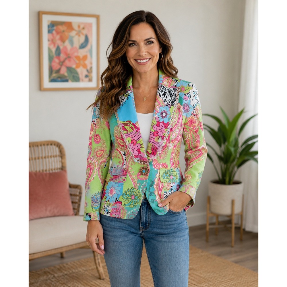 Vintage Alberto Makali Blazer Jacket Womens 6 Paisley Floral Jeweled Sequin - Picture 1 of 13